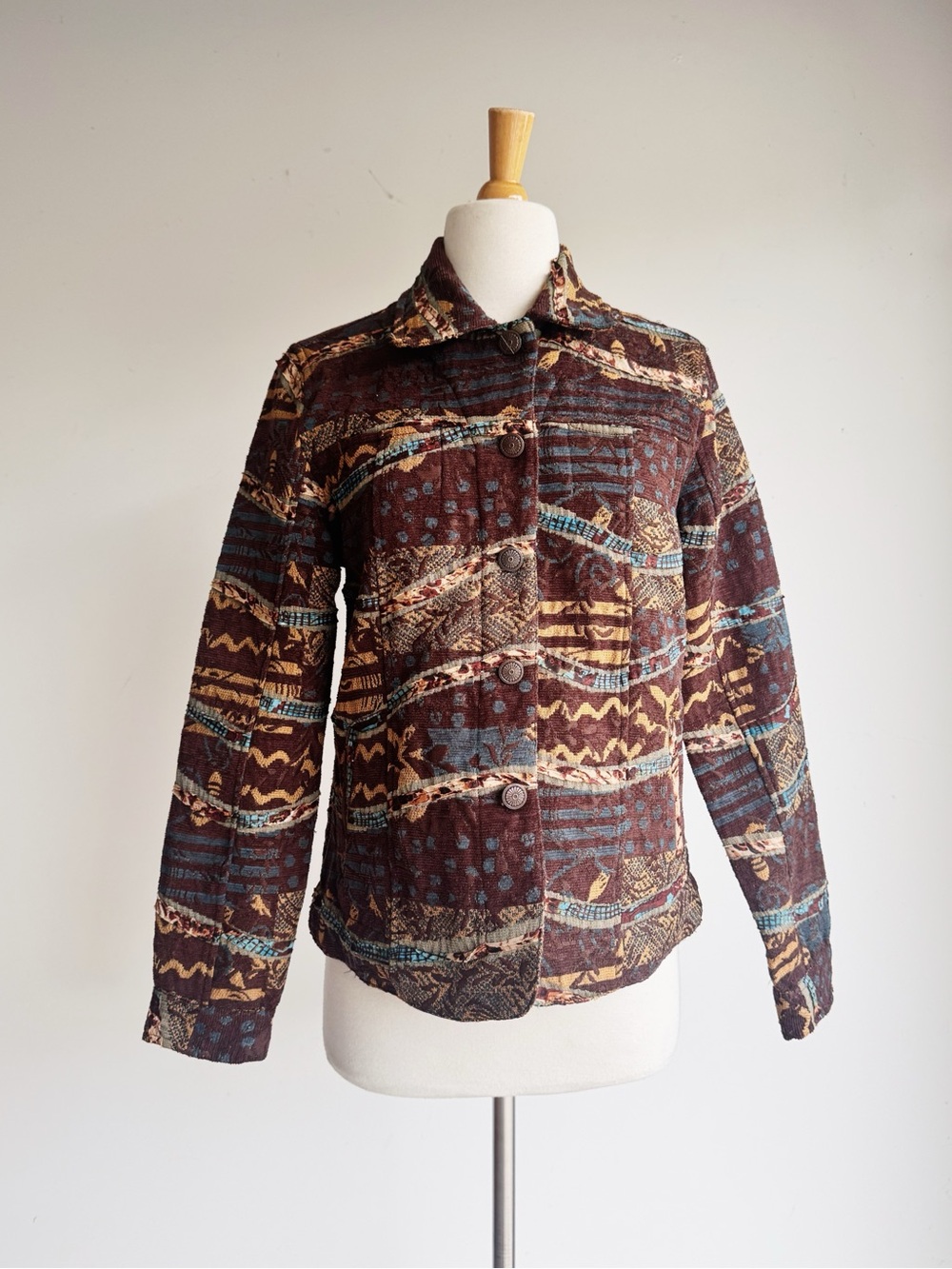 Life Style Textured Tapestry Jacket Southwestern Boho Fall Brown S